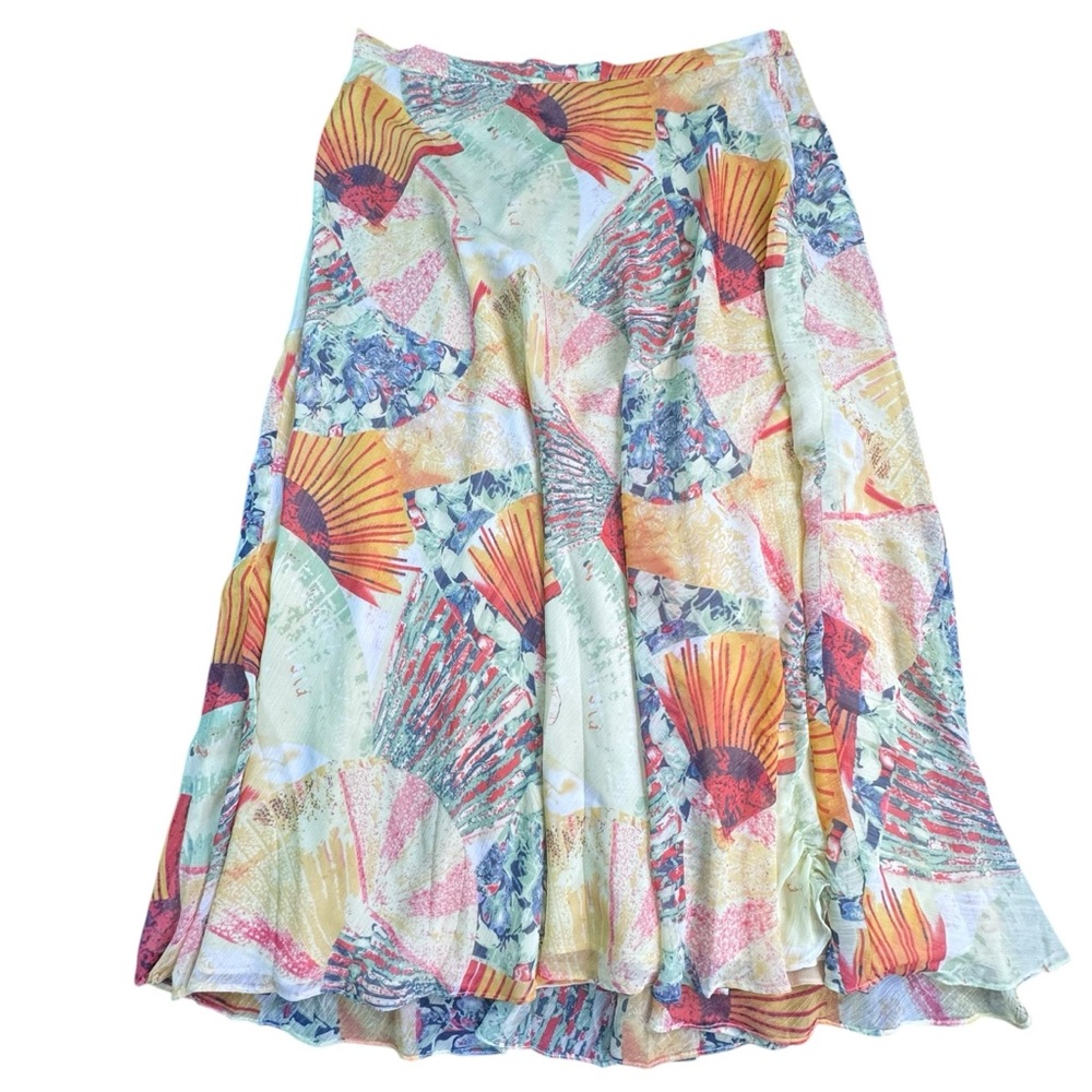 Coldwater Creek Yellow Flowy Orange Asian Inspired MIDI  Skirt size XL